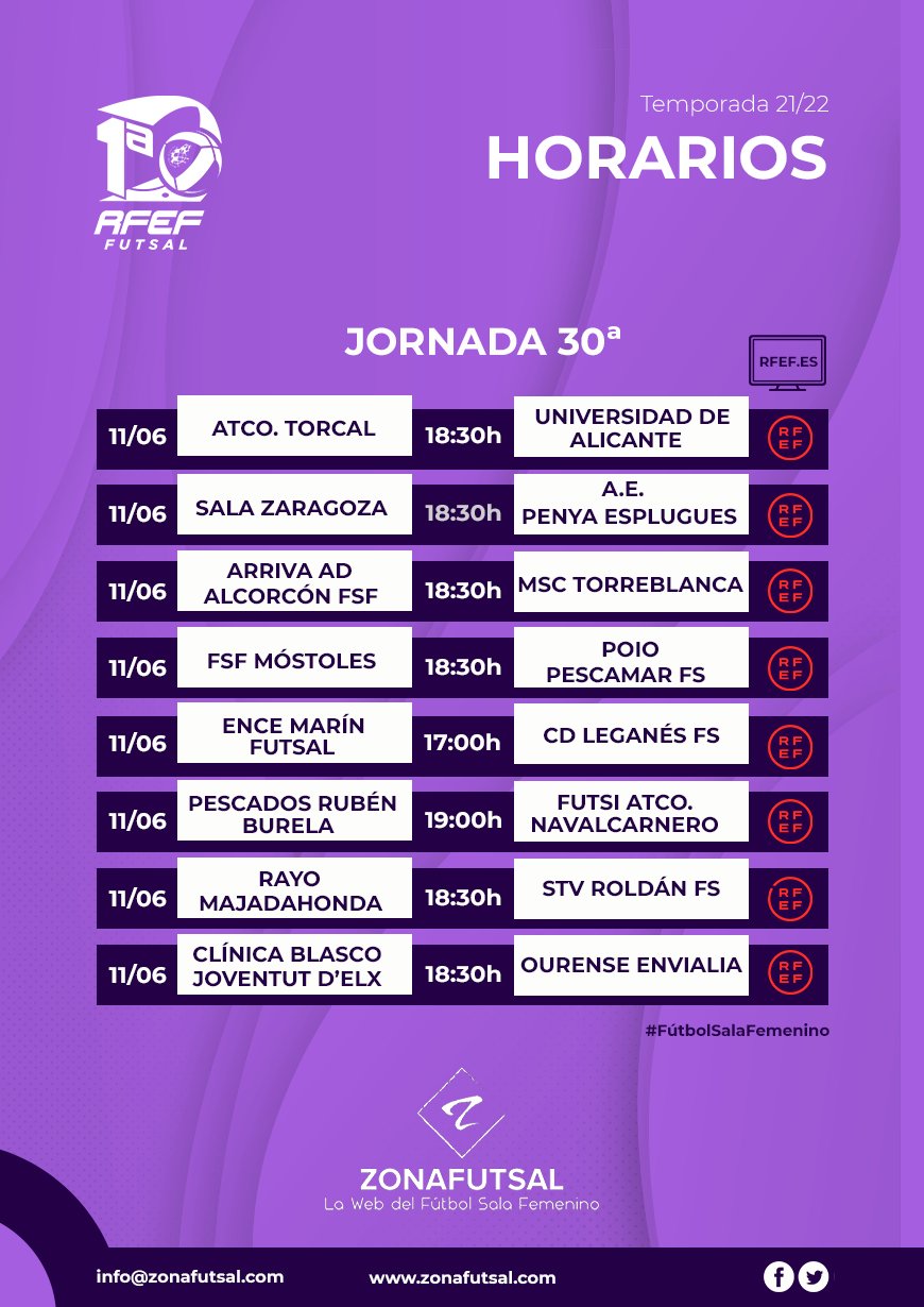 Horarios y Emisiones de la 30ª Jornada de la 1ª División de Fútbol Sala Femenino. Temporada 2021/2022