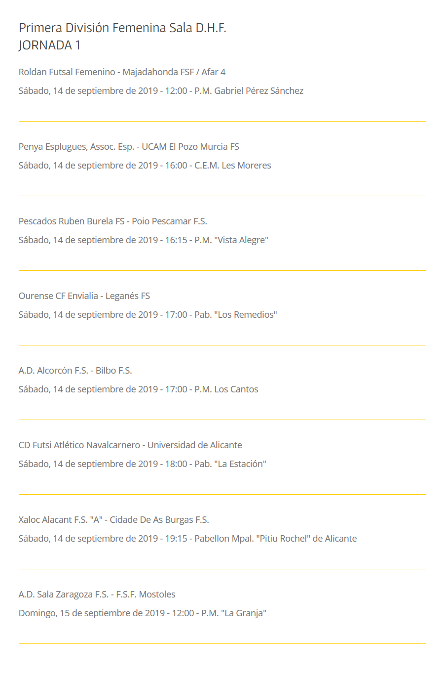 Horarios de Primera División Fútbol Sala Femenino. Temporada 19/20. Jornada 1