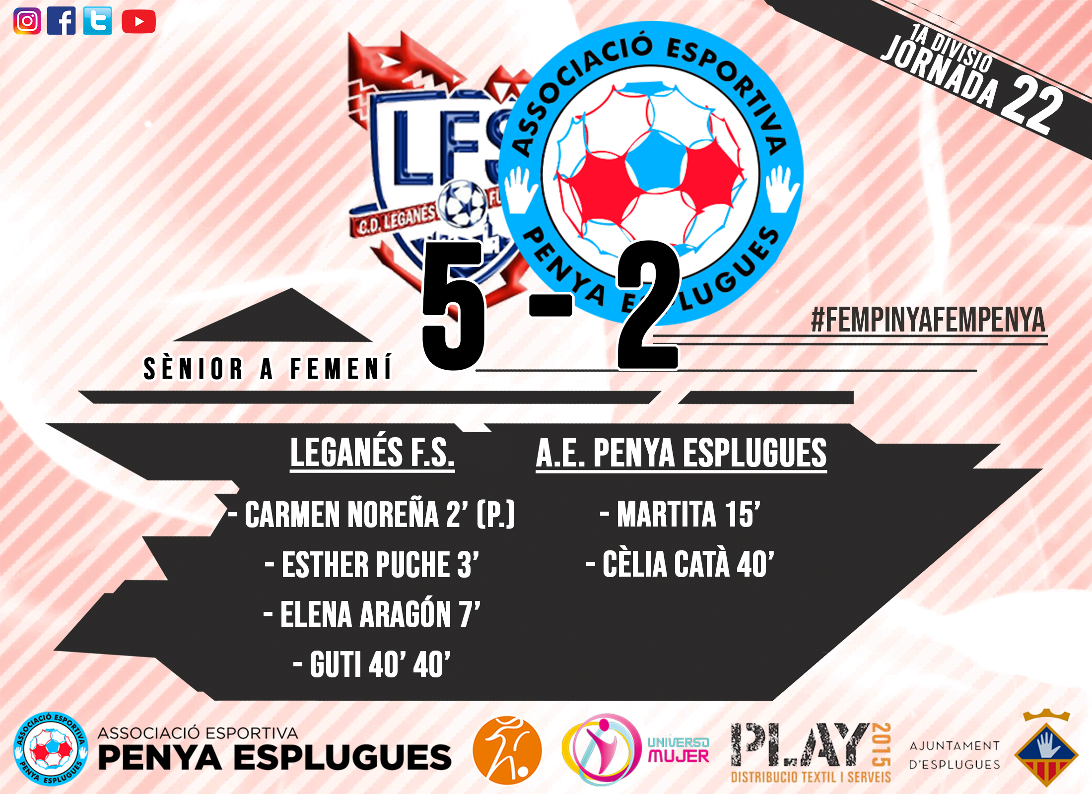 Crónica: CD Leganés FS - AE Penya Esplugues . Jornada 22ª. 1ª Div. de Fútbol Sala Femenino