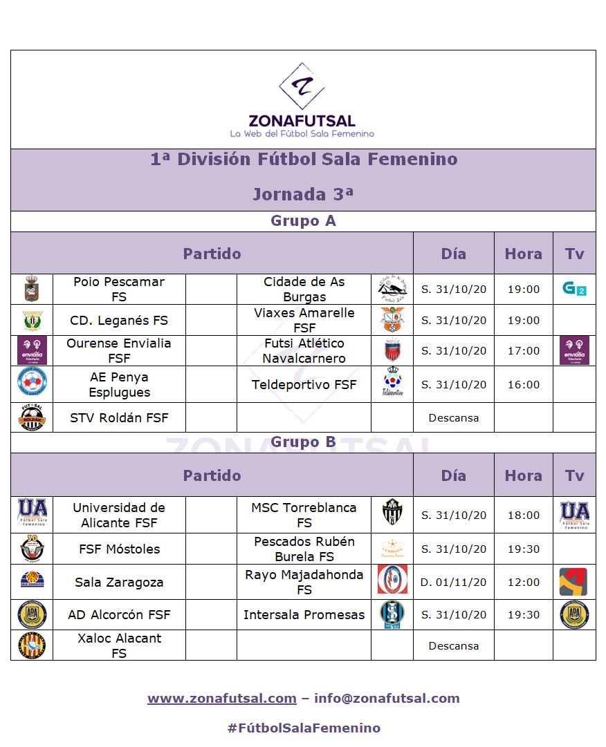 Horarios 1ª División de Fútbol Sala Femenino - Jornada 3ª