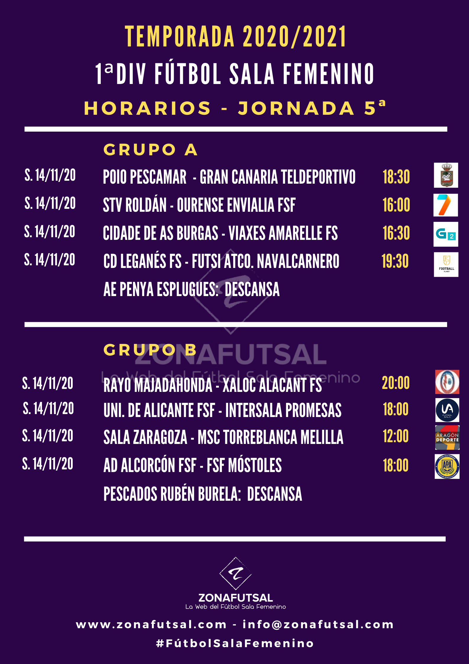 Horarios 1ª División de Fútbol Sala Femenino - Jornada 5ª