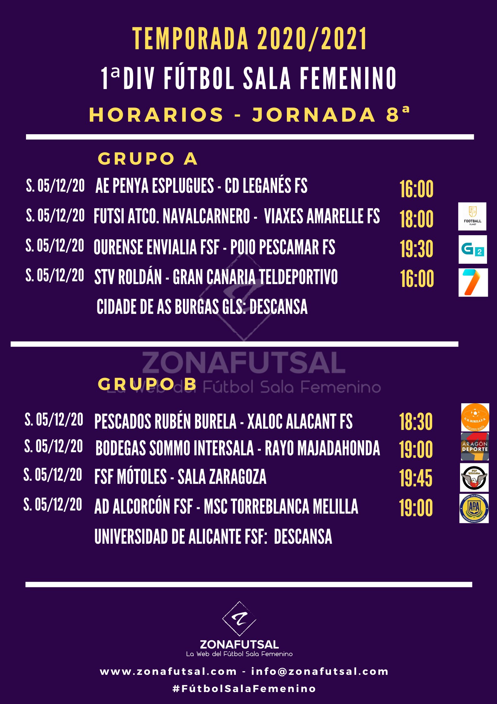 Horarios de la Jornada 8ª en 1ª División de Fútbol Sala Femenino