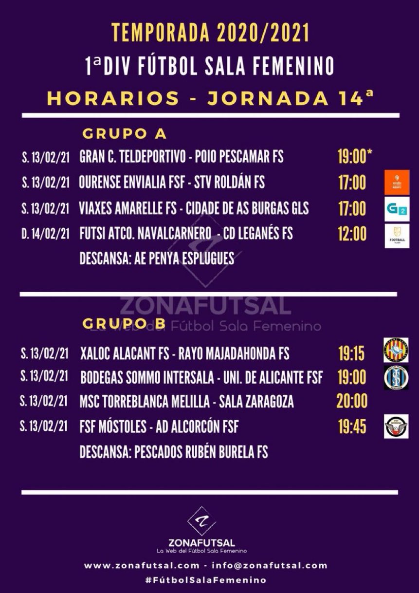 Horarios de la Jornada 14ª en 1ª División de Fútbol Sala Femenino