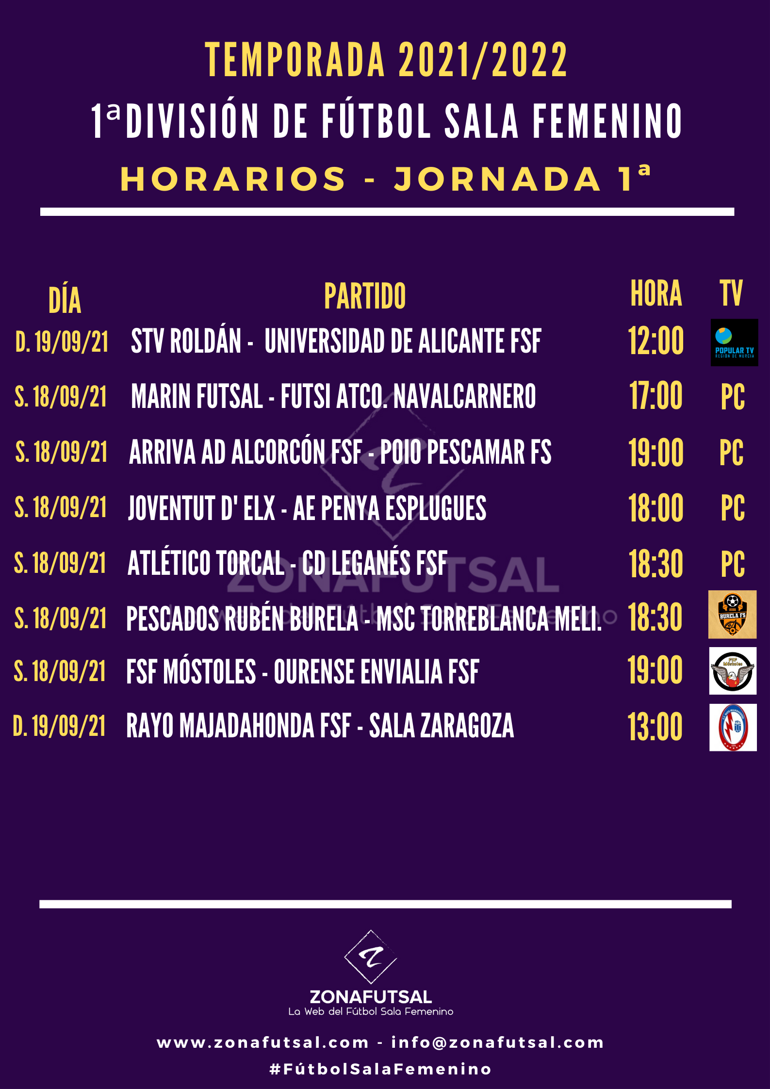 Horarios de la 1ª Jornada de la 1ª División de Fútbol Sala Femenino. Temporada 2021/2022