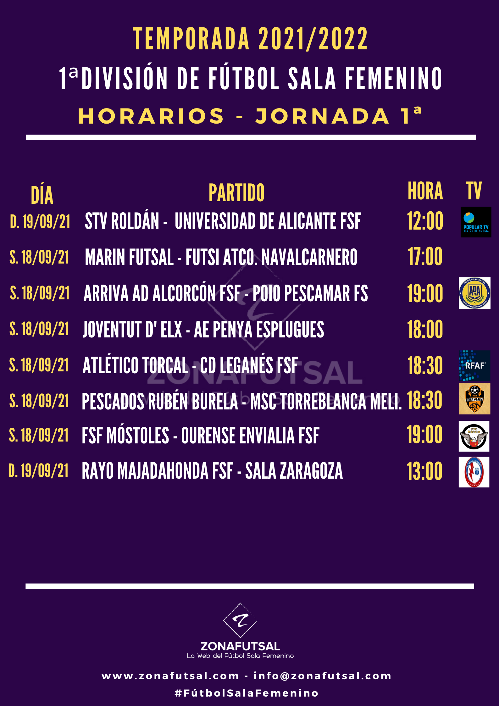 Horarios y Emisiones de la 1ª Jornada de la 1ª División de Fútbol Sala Femenino. Temporada 2021/2022