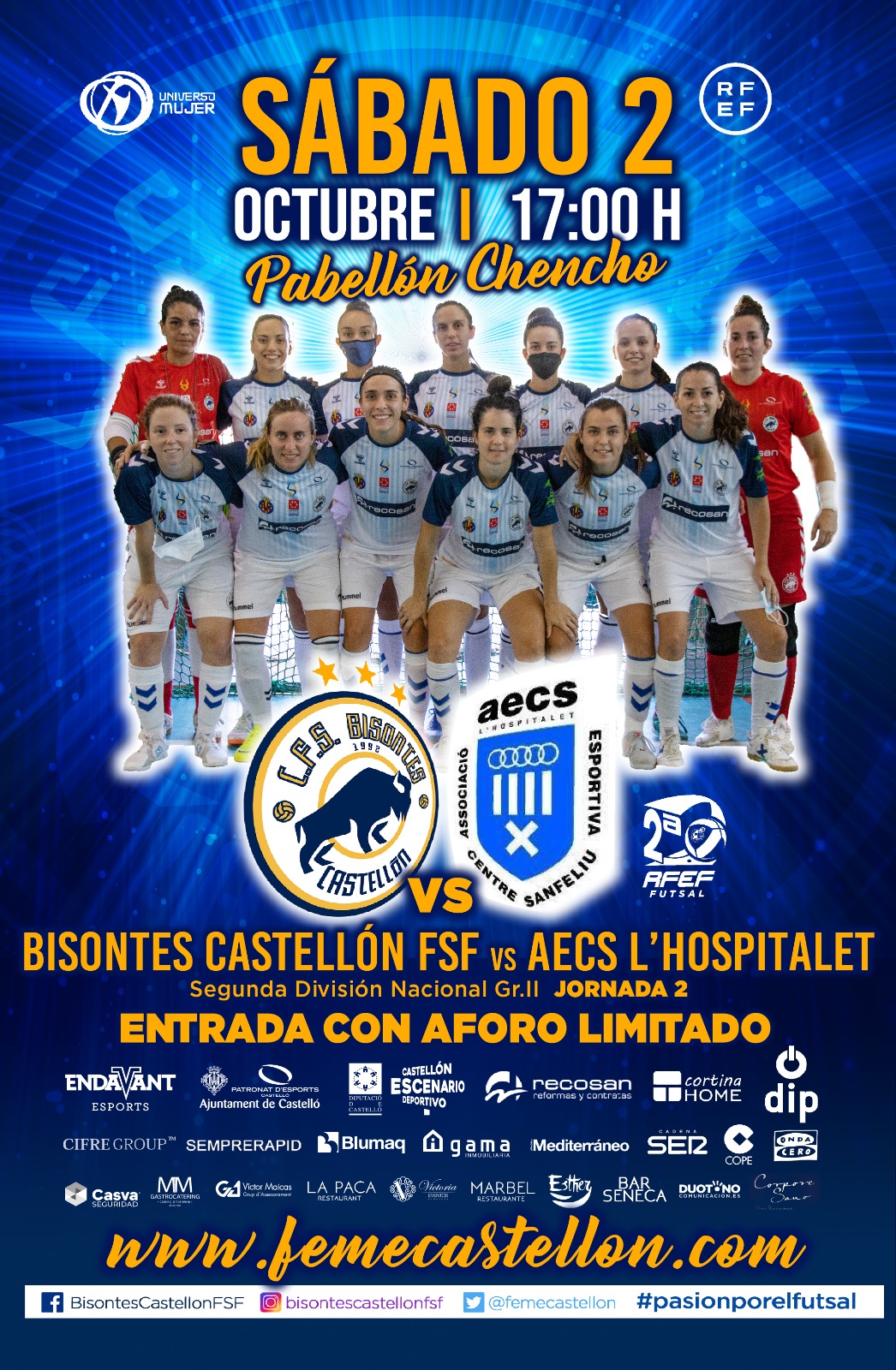 Previa del Partido de Liga de 2ª División: Bisontes Castellón FSF - AECS L'Hospitalet FS. 2ª Jornada. Grupo 2º