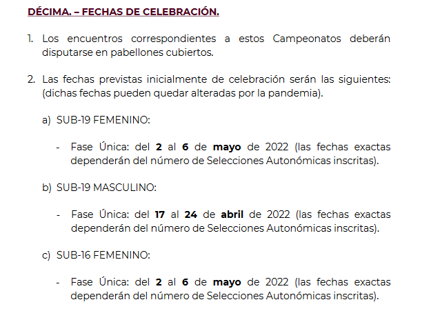 Fijadas nuevas fechas para el Campeonato de España Sub -19 y Sub 16 de Selecciones Autonómicas