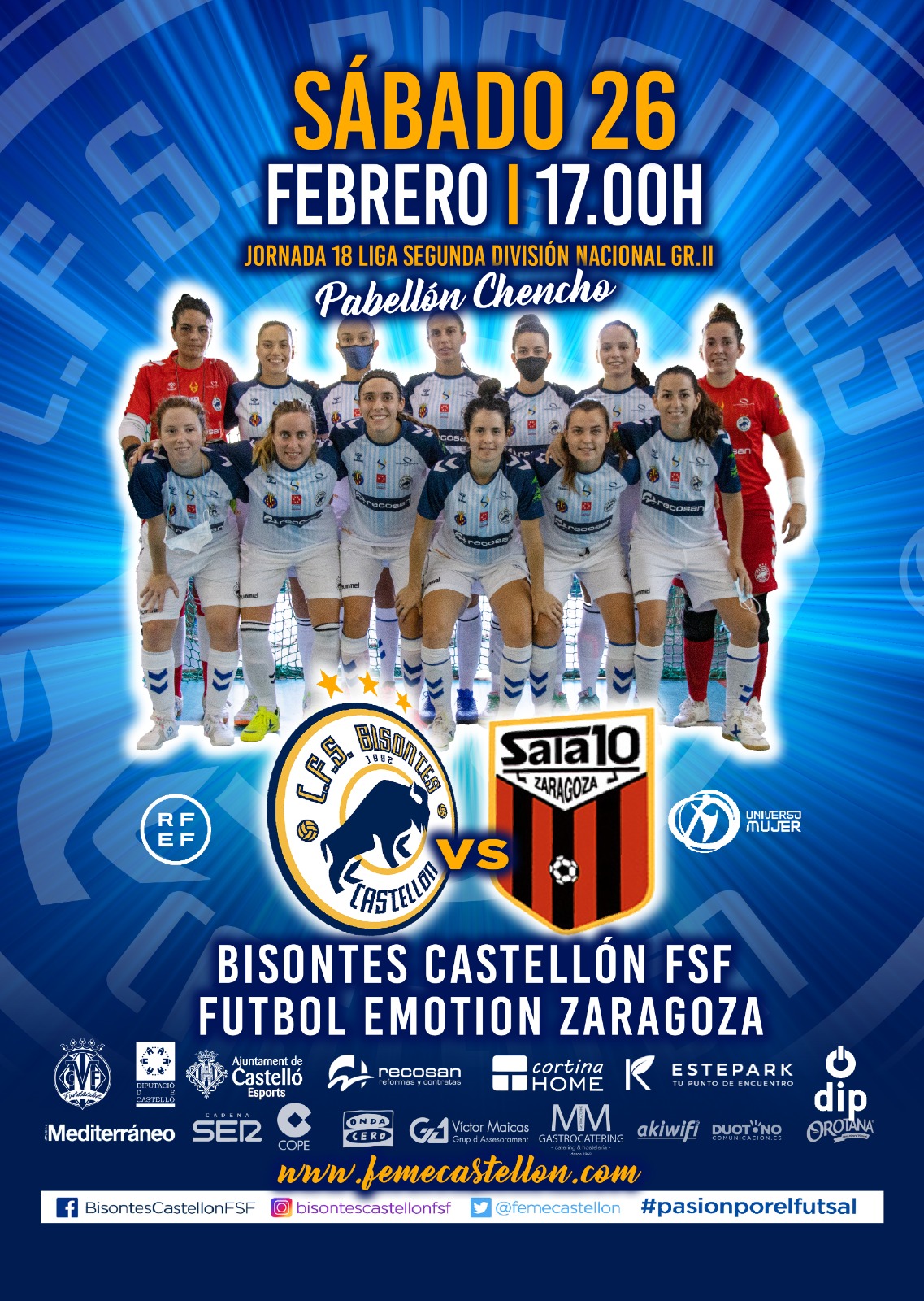 Previa del Partido de Liga de 2ª División: Bisontes Castellón FSF - Fútbol Emotion Zaragoza. 18ª Jornada. Grupo 2º
