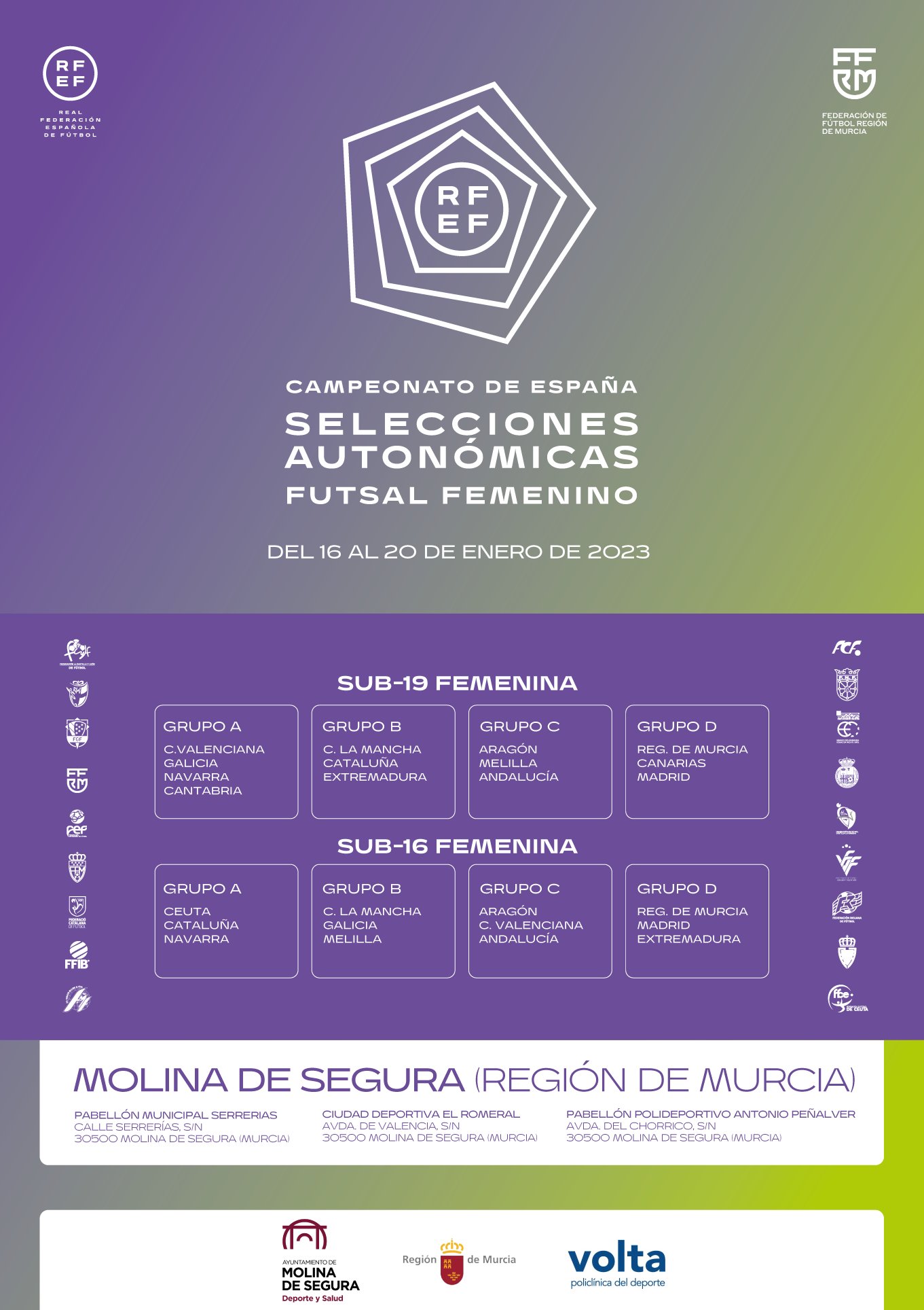 Hoy comienzan los Campeonatos de España de Selecciones Autonómicas Sub-16 y Sub-19 de fútbol sala femenino que se celebran en la localidad murciana de Molina de Segura